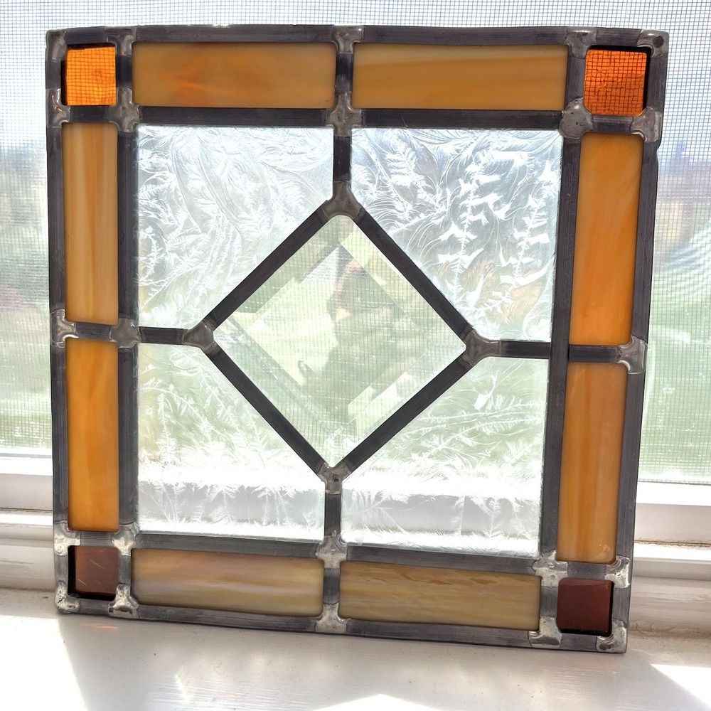 Handcrafted Stained Glass Panel Suncatcher Amber Yellow Geometric 9x9 AS-IS